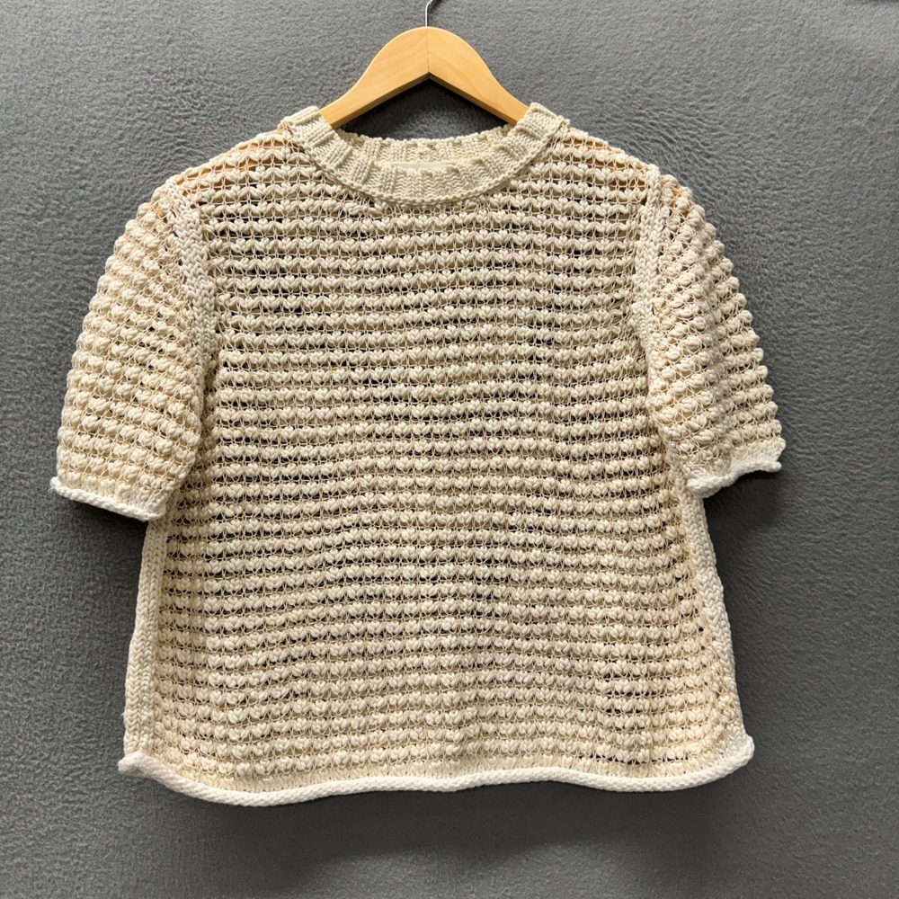 Lafayette 148 Sweater Womens Small Open Knit Cream Crochet Cropped Boxy Fit